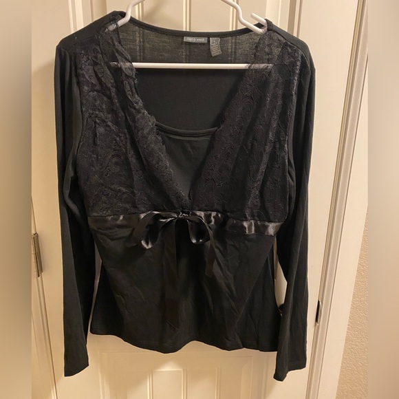 Apt 9 L Top Black Ribbon Lace Blouse Long Sleeve Shirt Large Lg stretch - Picture 1 of 9